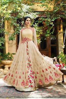 Beige Embroidered Georgette Semi Stitched Anarkali Gown With Dupatta