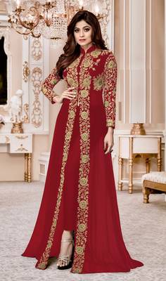Red Embroidered Faux Georgette Semi Stitched Jacket Style Anarkali Suit 1