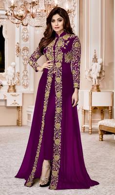 Purple Embroidered Faux Georgette Semi Stitched Abaya Style Salwar With Dupatta 1