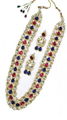 3 line pink and blue kundan necklace set 1