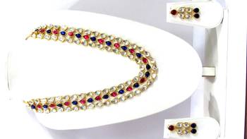 3 line pink and blue kundan necklace set 2