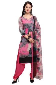 Pink Printed Crepe Salwar With Dupatta