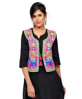Pink Kutchi Embroidered Dupion Silk Waist Length Jacket Women Ethnic Wear 1