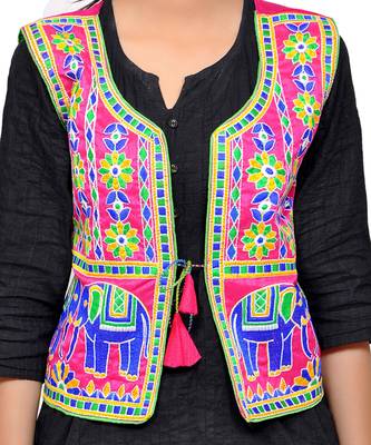 Pink Kutchi Embroidered Dupion Silk Waist Length Jacket Women Ethnic Wear 3