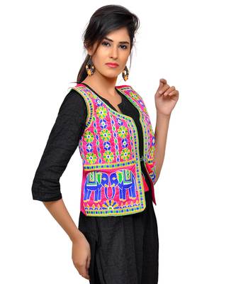 Pink Kutchi Embroidered Dupion Silk Waist Length Jacket Women Ethnic Wear 4