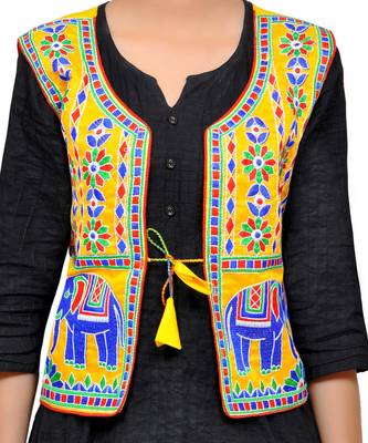 Yellow Kutchi Embroidered Dupion Silk Waist Length Jacket Women Ethnic Wear 3