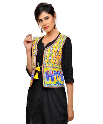 Yellow Kutchi Embroidered Dupion Silk Waist Length Jacket Women Ethnic Wear 4