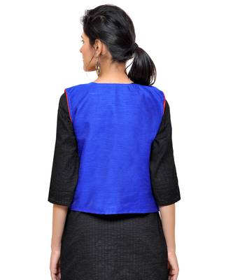 Blue Kutchi Embroidered Dupion Silk Waist Length Jacket Women Ethnic Wear 2