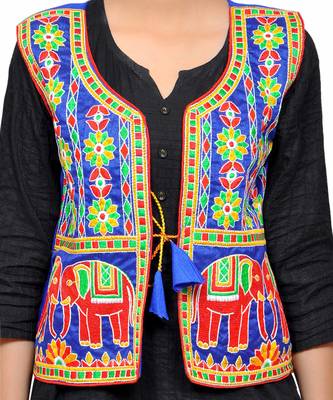 Blue Kutchi Embroidered Dupion Silk Waist Length Jacket Women Ethnic Wear 3