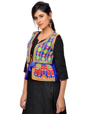 Blue Kutchi Embroidered Dupion Silk Waist Length Jacket Women Ethnic Wear 4