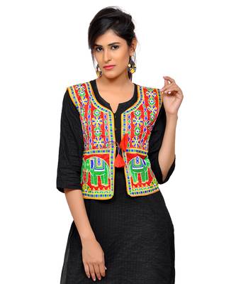 Red Kutchi Embroidered Dupion Silk Waist Length Jacket Women Ethnic Wear 1