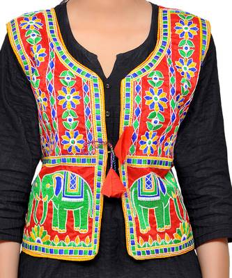 Red Kutchi Embroidered Dupion Silk Waist Length Jacket Women Ethnic Wear 3