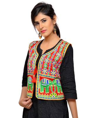 Red Kutchi Embroidered Dupion Silk Waist Length Jacket Women Ethnic Wear 4
