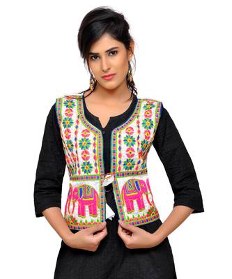 White Kutchi Embroidered Dupion Silk Waist Length Jacket Women Ethnic Wear 1