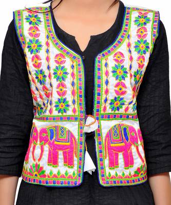 White Kutchi Embroidered Dupion Silk Waist Length Jacket Women Ethnic Wear 3