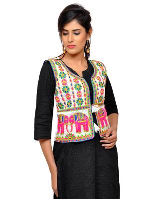 White Kutchi Embroidered Dupion Silk Waist Length Jacket Women Ethnic Wear 4