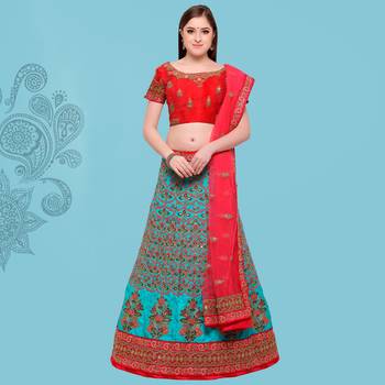 Turquoise Embroidered Art Silk Semi Stitched Lehenga With Dupatta 1