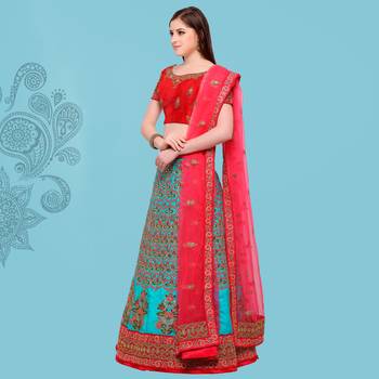 Turquoise Embroidered Art Silk Semi Stitched Lehenga With Dupatta 2