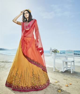Mustard Embroidered Silk Semi Stitched Lehenga With Dupatta 1