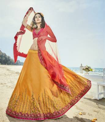 Mustard Embroidered Silk Semi Stitched Lehenga With Dupatta 3