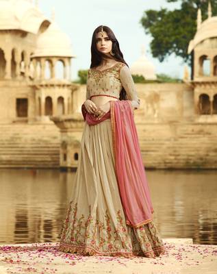 Beige Embroidered Silk Semi Stitched Lehenga With Dupatta 1