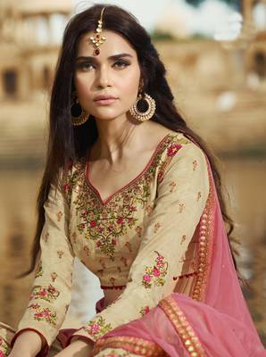Beige Embroidered Silk Semi Stitched Lehenga With Dupatta 3