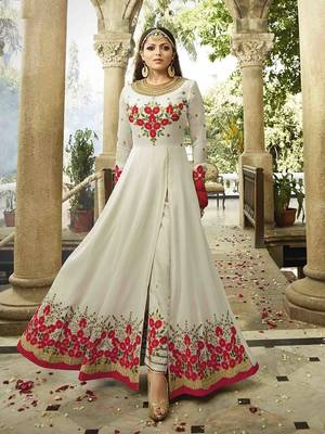 Off White Embroidered Faux Georgette Semi Stitched Salwar With Dupatta 1
