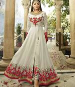 Off White Embroidered Faux Georgette Semi Stitched Salwar With Dupatta