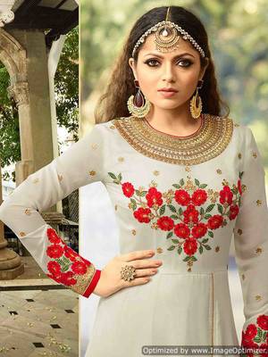 Off White Embroidered Faux Georgette Semi Stitched Salwar With Dupatta 2