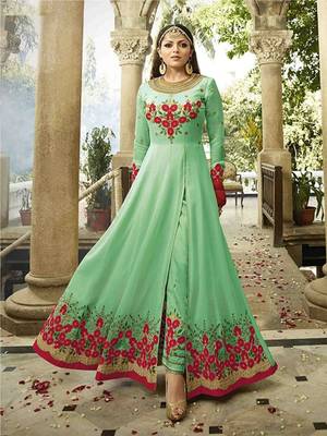 Light Green Embroidered Faux Georgette Semi Stitched Salwar With Dupatta 1