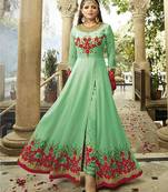 Light Green Embroidered Faux Georgette Semi Stitched Salwar With Dupatta