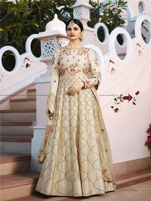 Beige Embroidered Silk Semi Stitched Anarkali Suit 1