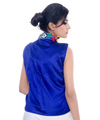 Blue Kutchi Embroidered Dupion Silk Waist Length Jacket Women Ethnic Wear 2