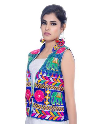 Blue Kutchi Embroidered Dupion Silk Waist Length Jacket Women Ethnic Wear 3