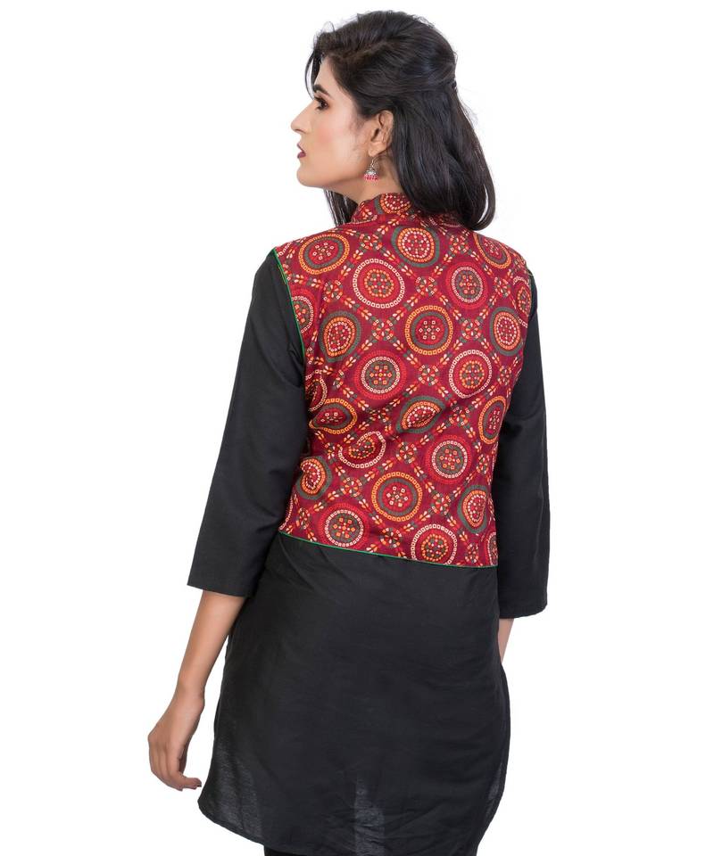 Red Kutchi Embroidered Pure Cotton Waist Length Jacket Women Ethnic Wear