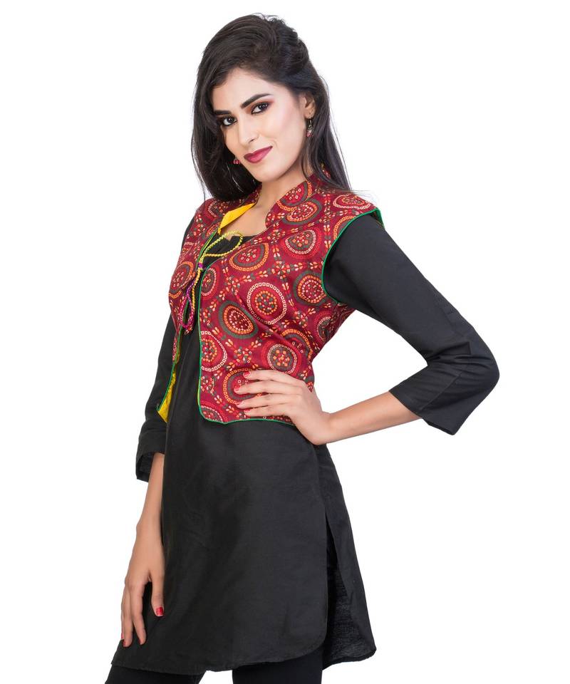 Red Kutchi Embroidered Pure Cotton Waist Length Jacket Women Ethnic Wear