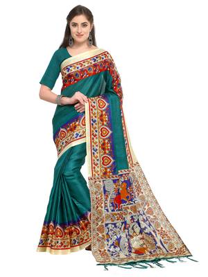 Teal printed art silk saree with blouse 1