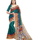 Teal printed art silk saree with blouse