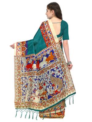 Teal printed art silk saree with blouse 2