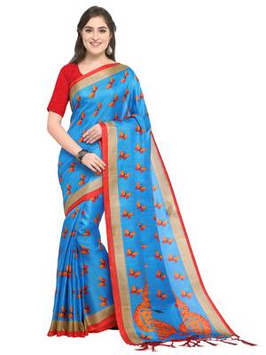 Blue Printed silk blend Saree With Blouse 1
