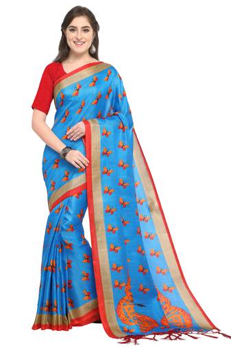 Blue Printed Art Silk Saree With Blouse