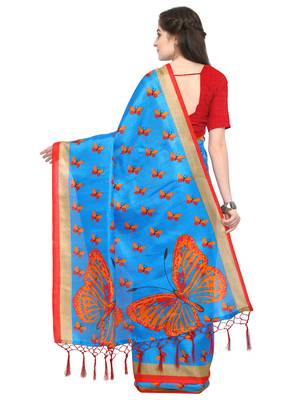 Blue Printed silk blend Saree With Blouse 2