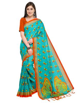 Sky blue printed art silk saree with blouse 1