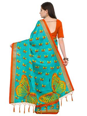 Sky blue printed art silk saree with blouse 2