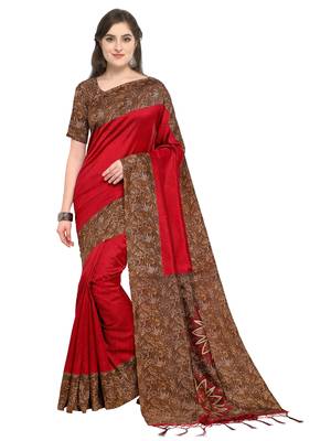 Red printed art silk saree with blouse 1