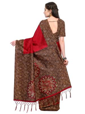 Red printed art silk saree with blouse 2