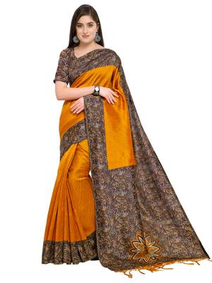 Mustard printed art silk saree with blouse 1
