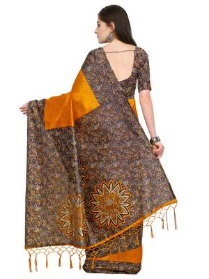 Mustard printed art silk saree with blouse 2