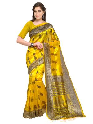 Yellow printed art silk saree with blouse 1