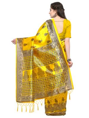 Yellow printed art silk saree with blouse 2